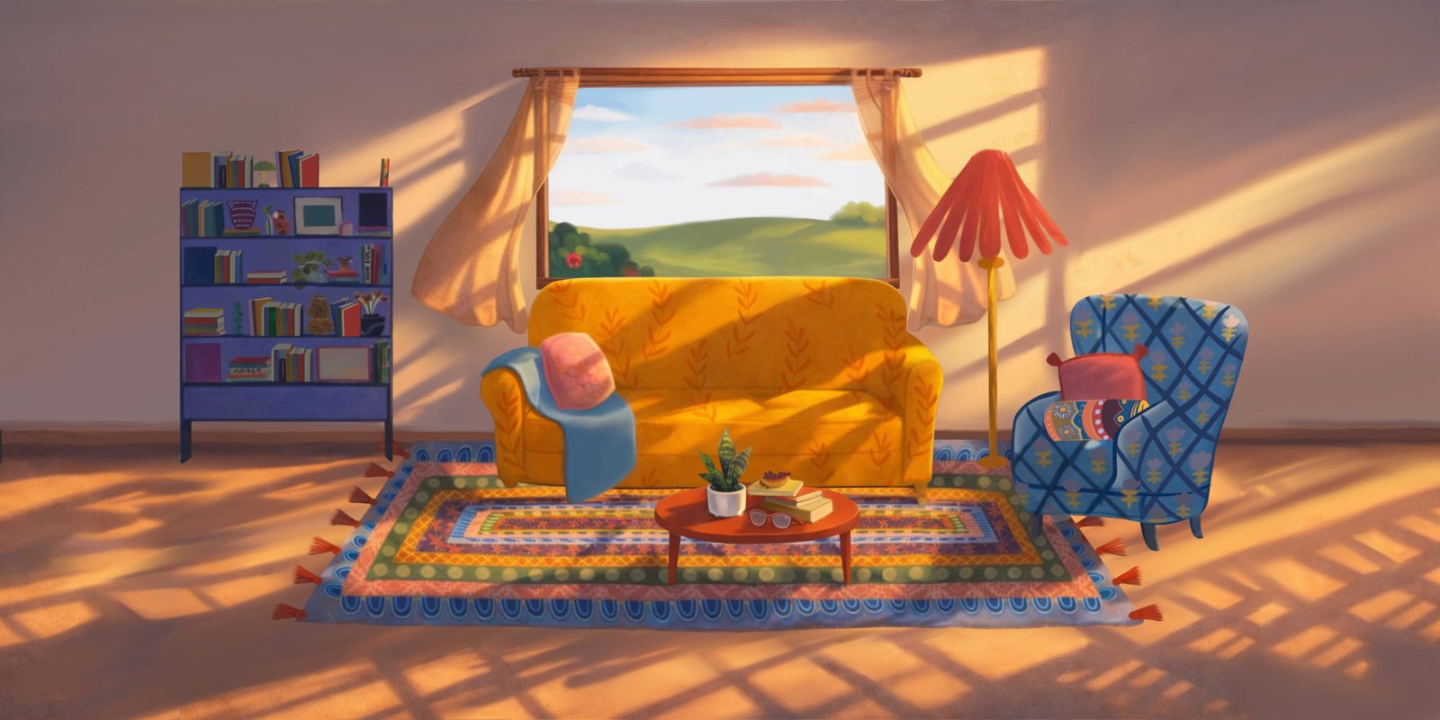 The warm living room from The Woo Cycle, illustrated by Maia Moore