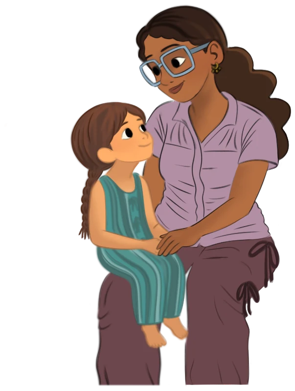 Lina and her mum hugging, illustration by Maia Moore