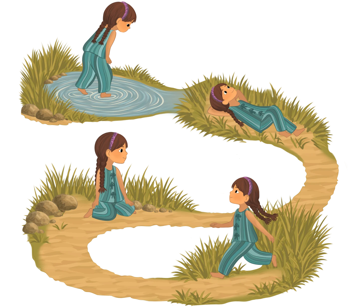 Lina following a winding path through the grass, illustration by Maia Moore