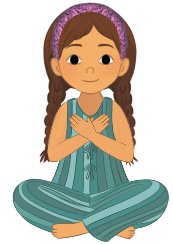 Lina sitting cross-legged, illustration by Maia Moore