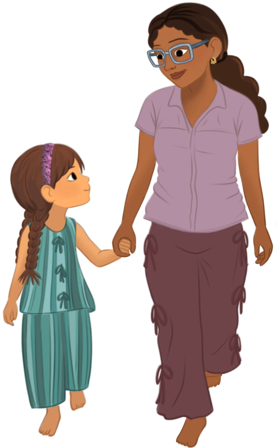 Lina and her mum walking hand in hand, illustration by Maia Moore