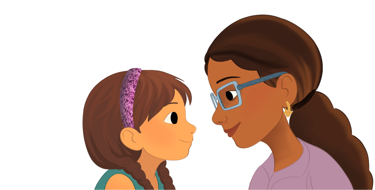 Lina and her mum sharing a gentle conversation, illustration by Maia Moore