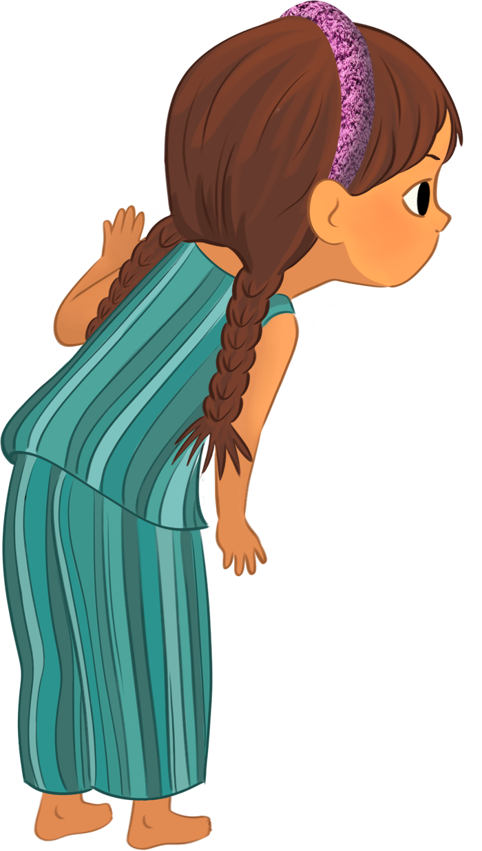 Lina, a curious child from The Woo Cycle, peeping around the corner